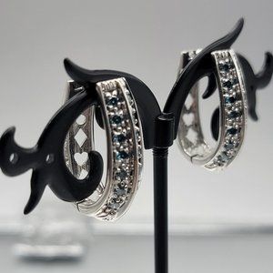 10K White Gold & 1.12 ctw Blue Diamond Hoop Earrings